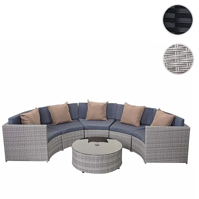 Mendler Loungemöbel-Set HWC-E17 - 6 -tlg., Polyrattan, Grau, Polster dunkelgrau, Kissen beige, Grau, dunkelgrau - Geschwungenes hellgraues Rattan-Outdoor-Sofa-Set mit grauen Kissen, beigen Zierkissen und rundem Couchtisch mit Glasplatte.