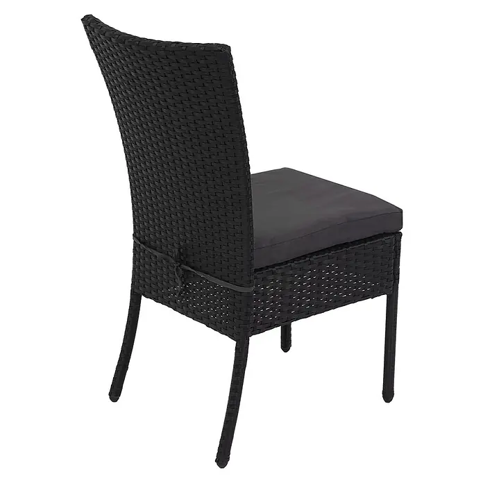Mendler 2er-Set Poly-Rattan Stuhl HWC-G19 - schwarz, Kissen dunkelgrau -  - Schwarzer Outdoor-Esszimmerstuhl aus Polyrattan mit dunkelgrauem Kissen, von hinten gesehen.