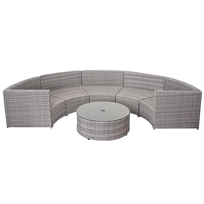 Mendler Loungemöbel-Set HWC-E17 - 6 -tlg., Polyrattan, Grau, Polster dunkelgrau, Kissen beige, Grau, dunkelgrau - Graues Rattan-Ecksofa mit rundem Couchtisch.