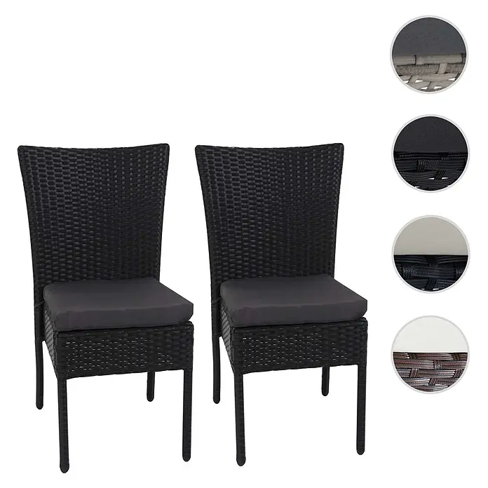 Mendler 2er-Set Poly-Rattan Stuhl HWC-G19 - schwarz, Kissen dunkelgrau -  - Zwei schwarze Rattanstühle mit dunkelgrauen Sitzkissen.