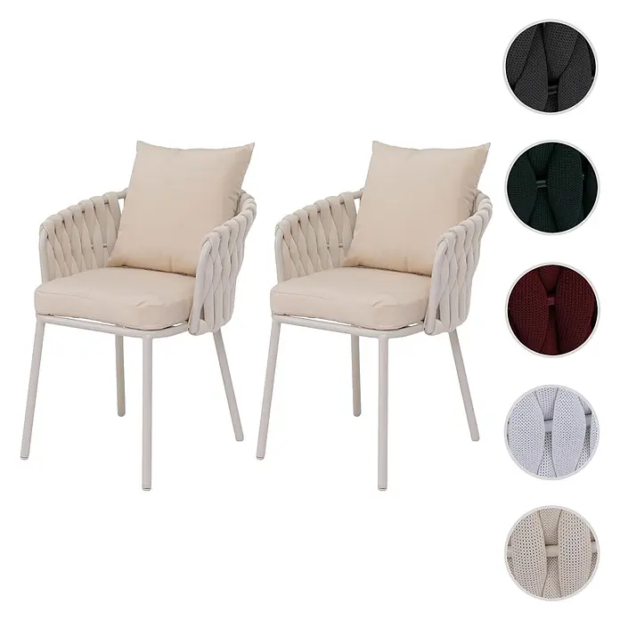 Mendler Gartenstuhl-Set HWC-P89 - 2 Stk., Metall, Creme, B x T x H: 56 x 57 x 71 cm - Zwei Outdoor-Esszimmerstühle mit hellbeigefarbenen geflochtenen Seildetails, passenden Kissen und Metallgestellen.