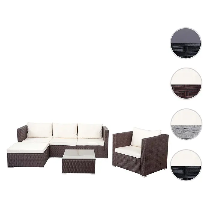 Mendler Poly-Rattan-Garnitur Brescia - braun, Kissen Creme -  - Braune Rattan-Gartenmöbelgarnitur mit cremefarbenen Kissen, bestehend aus einem Ecksofa, Sessel und Couchtisch.