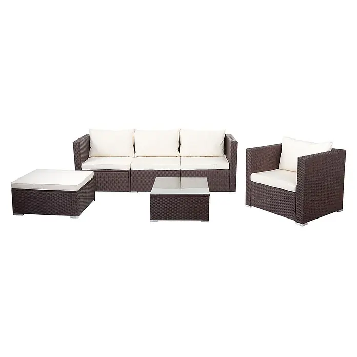 Mendler Poly-Rattan-Garnitur Brescia - braun, Kissen Creme -  - Dunkelbraunes Rattan-Gartenmöbelset mit cremefarbenen Kissen: Sofa, Sessel, Hocker und Couchtisch.
