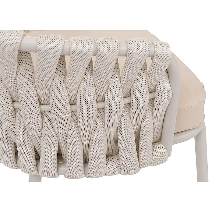 Mendler Gartenstuhl-Set HWC-P89 - 2 Stk., Metall, Creme, B x T x H: 56 x 57 x 71 cm - Stuhllehne mit hellbeigen, geflochtenen Textilbändern auf einem Gestell und passendem Kissen.