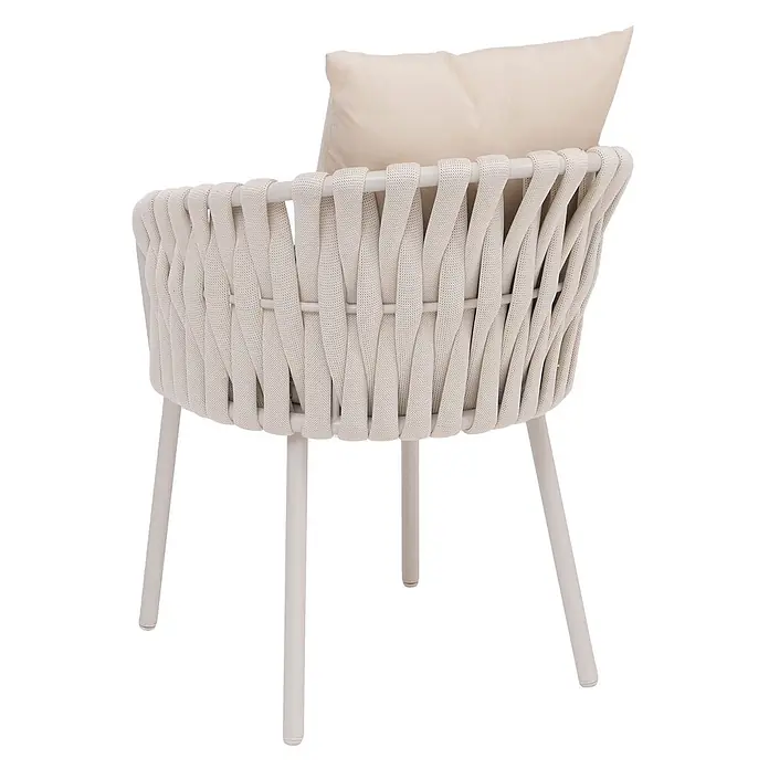 Mendler Gartenstuhl-Set HWC-P89 - 2 Stk., Metall, Creme, B x T x H: 56 x 57 x 71 cm - Hellbeiger geflochtener Outdoor-Sessel mit cremefarbenem Kissen und Metallbeinen.