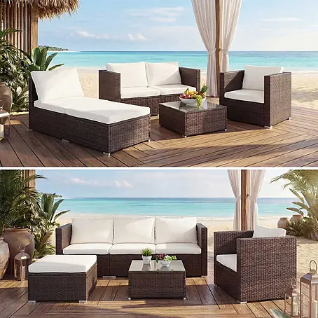 Mendler Poly-Rattan-Garnitur Brescia - braun, Kissen Creme