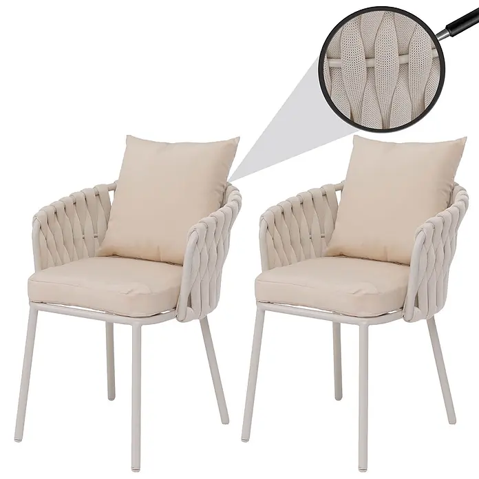 Mendler Gartenstuhl-Set HWC-P89 - 2 Stk., Metall, Creme, B x T x H: 56 x 57 x 71 cm - Zwei cremefarbene Terrassenstühle mit geflochtenen Seilrückenlehnen und Armlehnen, passenden Kissen und hellen Metallgestellen.