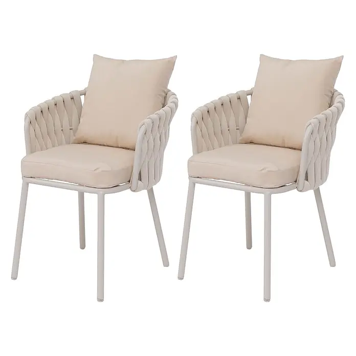Mendler Gartenstuhl-Set HWC-P89 - 2 Stk., Metall, Creme, B x T x H: 56 x 57 x 71 cm - Zwei hellbeige Sessel mit geflochtener Rückenlehne, passenden Kissen und Metallgestell.