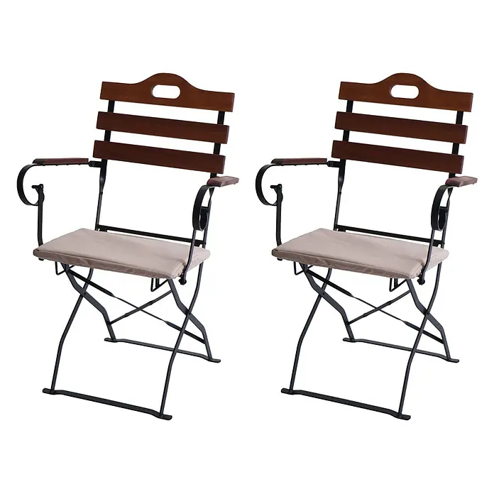 Mendler 2er-Set Biergartenstuhl HWC-J40 - braun, Polster beige -  - Zwei Klappsessel mit dunklen Holzlatten, schwarzen Metallrahmen und beigen Kissen.