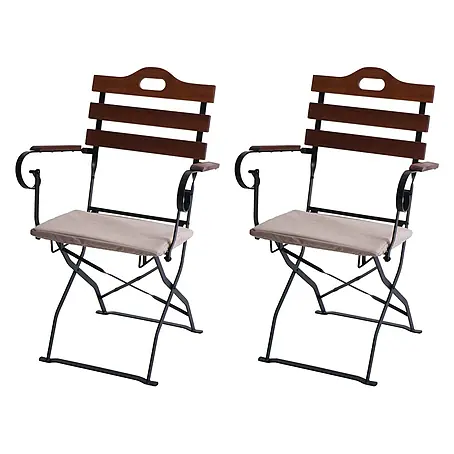 Mendler 2er-Set Biergartenstuhl HWC-J40 - braun, Polster beige