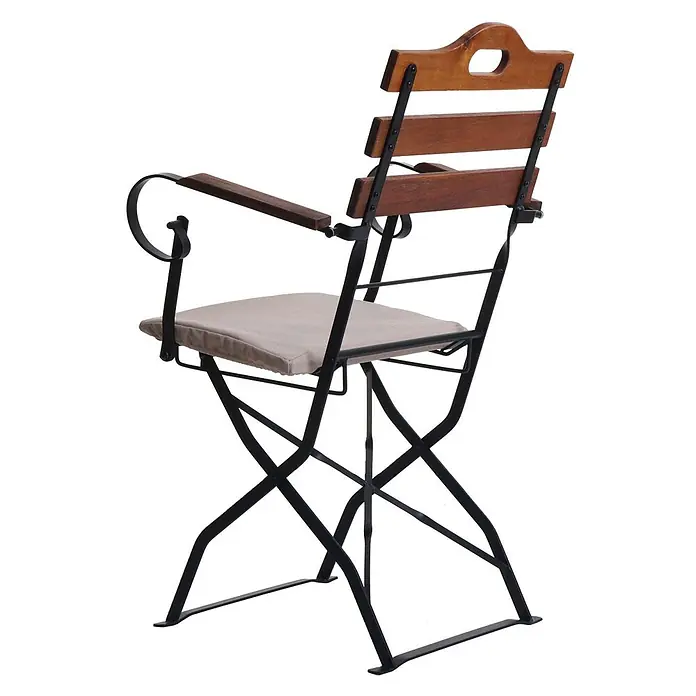 Mendler 2er-Set Biergartenstuhl HWC-J40 - braun, Polster beige -  - Klappbarer Sessel mit schwarzem Metallgestell, Rückenlehne und Armlehnen aus Holz, sowie hellem Sitzkissen.