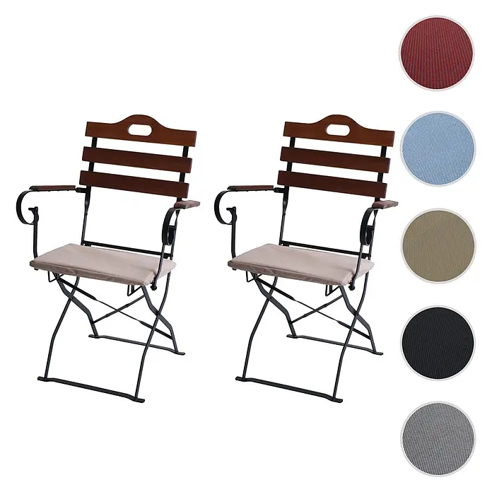 Mendler 2er-Set Biergartenstuhl HWC-J40 - braun, Polster beige -  - Zwei Klappstühle aus dunklem Holz mit schwarzen Metallgestellen und hellbeigen Kissen. Weitere Kissenfarben gezeigt.