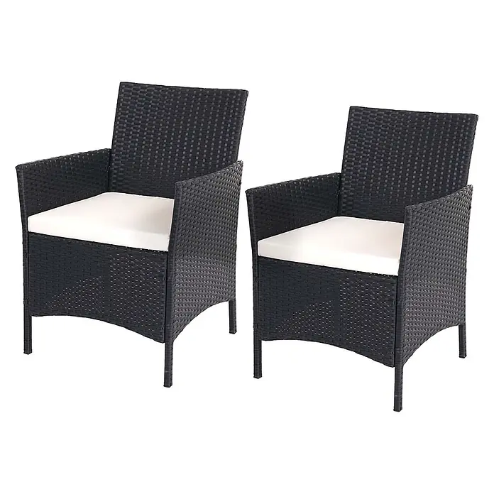 Mendler Gartenstuhl-Set - 2 Stk., Polyrattan, Anthrazit, B x T x H: 59 x 60 x 83 cm - Zwei schwarze Gartenstühle aus Polyrattan mit weißen Sitzkissen.