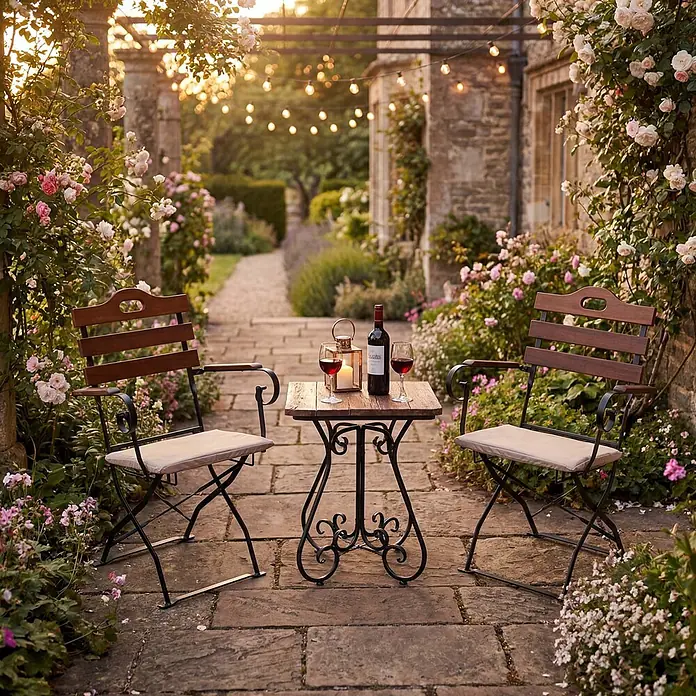 Mendler 2er-Set Biergartenstuhl HWC-J40 - braun, Polster beige -  - Gartengarnitur aus dunklem Holz und Metall mit zwei Klappstühlen und kleinem Tisch, hellen Sitzkissen, auf einer Terrasse.