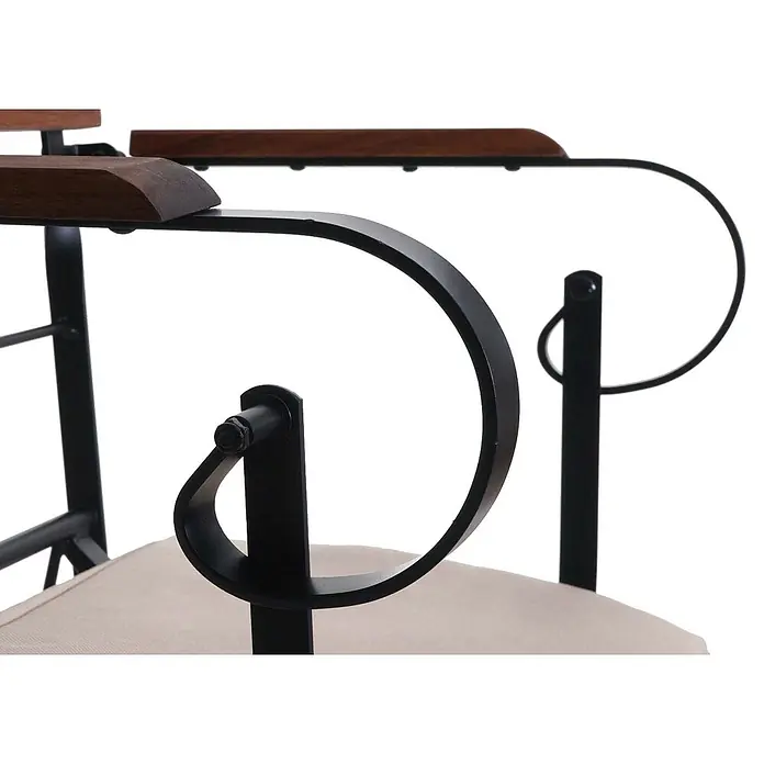 Mendler 2er-Set Biergartenstuhl HWC-J40 - braun, Polster beige -  - Schwarzes Metallstuhlgestell mit dunklen Holzarmlehnen und beigefarbenem Sitzstoffdetail.