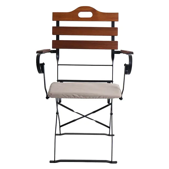 Mendler 2er-Set Biergartenstuhl HWC-J40 - braun, Polster beige -  - Klappbarer Bistrostuhl mit schwarzem Metallgestell, Rückenlehne und Armlehnen aus Holz und hellbeigem Sitzkissen.