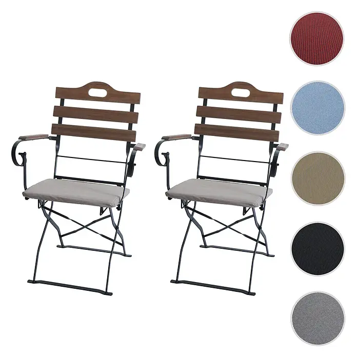 Mendler 2er-Set Biergartenstuhl HWC-J40 - hellbraun, Polster beige -  - Zwei klappbare Gartenstühle aus Holz und schwarzem Metall mit beigen Sitzkissen. Farbmuster für Kissen sind abgebildet.