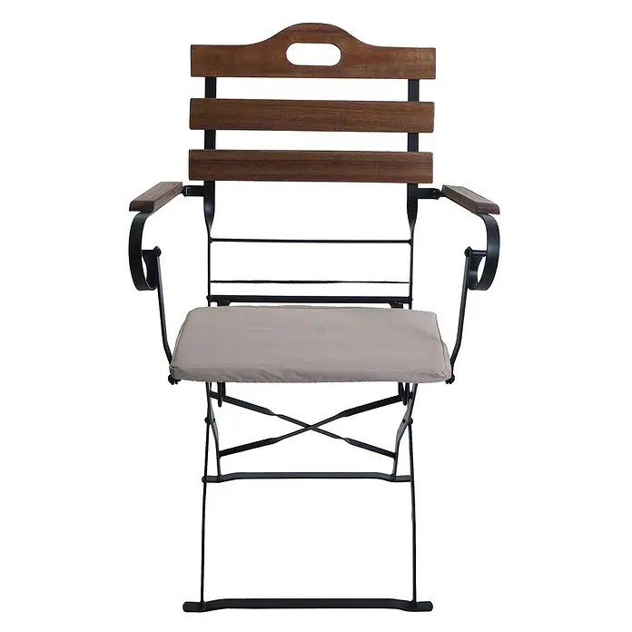 Mendler 2er-Set Biergartenstuhl HWC-J40 - hellbraun, Polster beige -  - Klappbarer Gartenstuhl aus braunem Holz und schwarzem Metall mit Armlehnen und beigefarbenem Kissen.