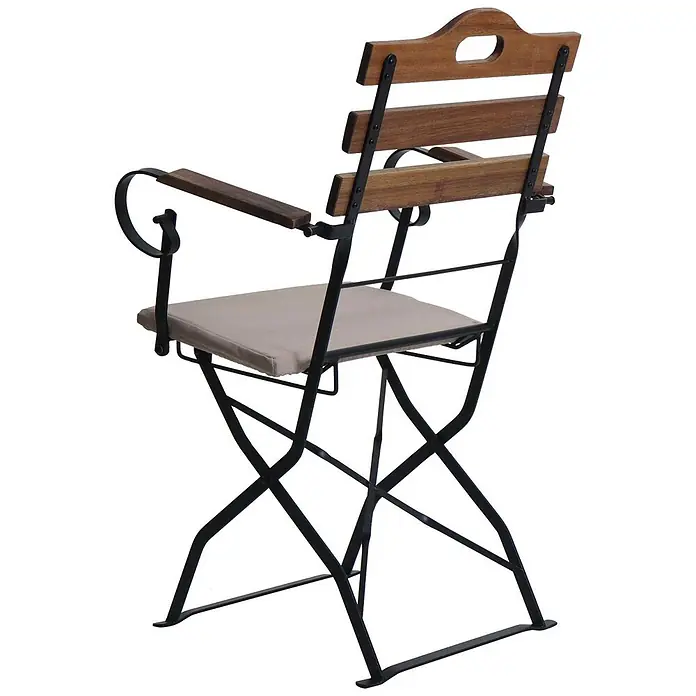Mendler 2er-Set Biergartenstuhl HWC-J40 - hellbraun, Polster beige -  - Klappstuhl aus schwarzem Metall mit Holzlehne und Armlehnen sowie beigem Kissen.