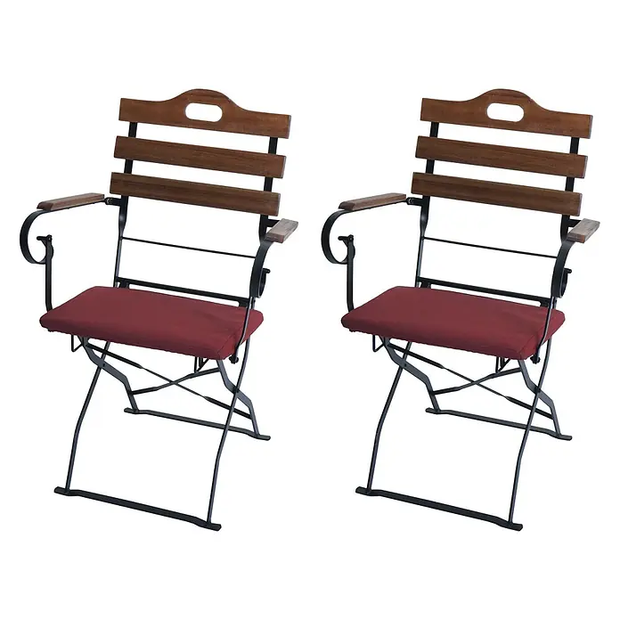 Mendler Gartenstuhl-Set HWC-J40 - 2 Stk., Holz, Hellbraun, Polster rot, B x T x H: 58 x 45 x 105 cm - Zwei klappbare Gartenstühle mit dunklen Holzlatten, schwarzen Metallgestellen und roten Sitzkissen.