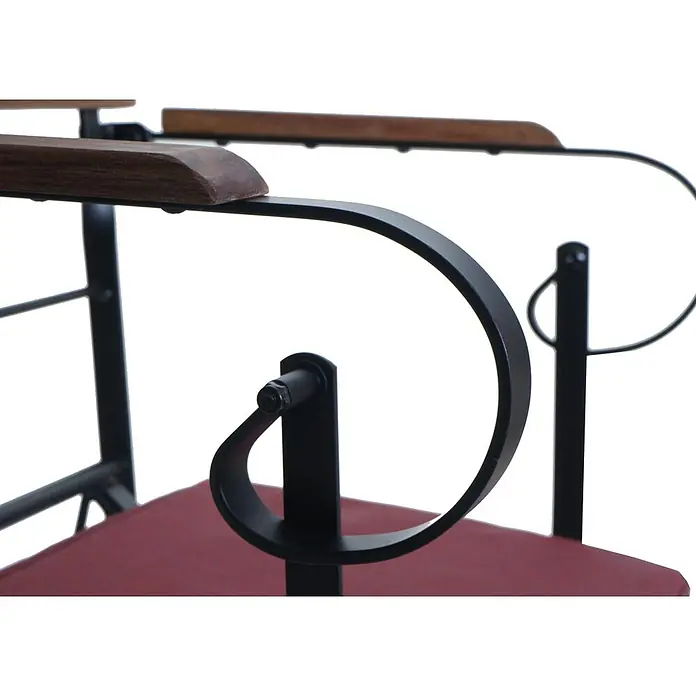 Mendler Gartenstuhl-Set HWC-J40 - 2 Stk., Holz, Hellbraun, Polster rot, B x T x H: 58 x 45 x 105 cm - Stuhlarmlehne mit dunklem Holz, schwarzem Metallrahmen und rotem Sitz.