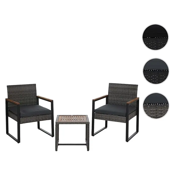 Mendler Loungemöbel-Set HWC-P74 - 3 -tlg., Polyrattan, Grau, Polster grau, Grau - 3-teiliges dunkelgraues Rattan-Outdoor-Set mit schwarzen Metallrahmen, Holzarmlehnen, dunkelgrauen Kissen und einer Holzlamellen-Tischplatte.