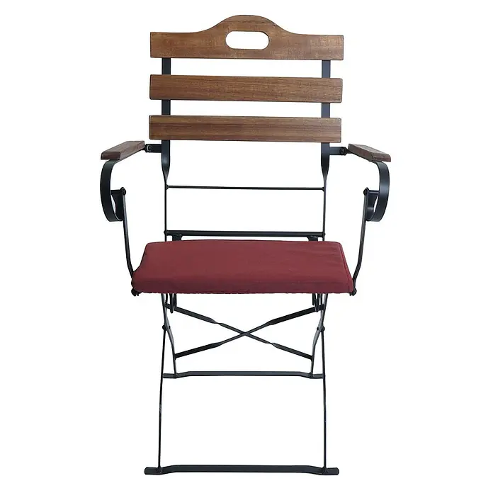 Mendler Gartenstuhl-Set HWC-J40 - 2 Stk., Holz, Hellbraun, Polster rot, B x T x H: 58 x 45 x 105 cm - Klappbarer Gartenstuhl mit hölzernen Rücken- und Armlehnen, einem roten Kissen und einem schwarzen Metallgestell.