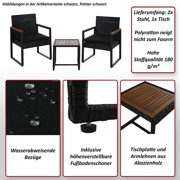 Mendler Loungemöbel-Set HWC-P74 - 3 -tlg., Polyrattan, Grau, Polster grau, Grau - Schwarze Polyrattan Gartenmöbelgarnitur: 2 Stühle mit schwarzen Kissen und Holzarmlehnen, 1 Tisch mit Holzplatte.