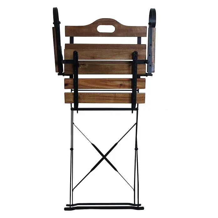 Mendler Gartenstuhl-Set HWC-J40 - 2 Stk., Holz, Hellbraun, Polster rot, B x T x H: 58 x 45 x 105 cm - Klappstuhl aus Holz mit schwarzem Metallgestell, von hinten gesehen.