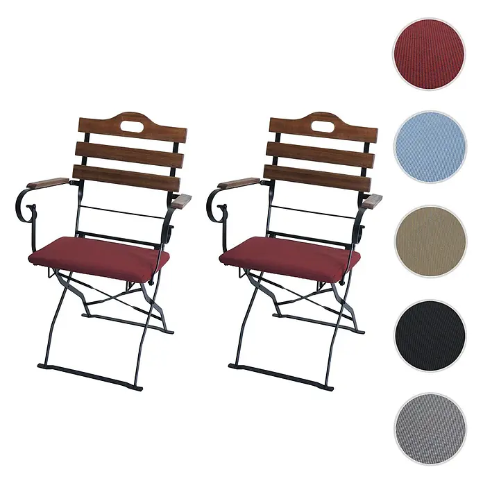 Mendler Gartenstuhl-Set HWC-J40 - 2 Stk., Holz, Hellbraun, Polster rot, B x T x H: 58 x 45 x 105 cm - Zwei braune Holz- und schwarze Metall-Klappstühle mit roten Kissen, gezeigt mit Farbmuster.