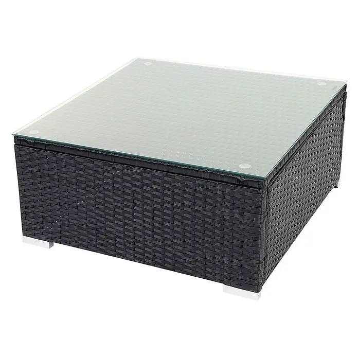 Mendler Poly-Rattan-Garnitur Brescia - schwarz, Kissen Creme -  - Quadratischer schwarzer Rattan-Couchtisch mit Glasplatte und weißen Füßen.