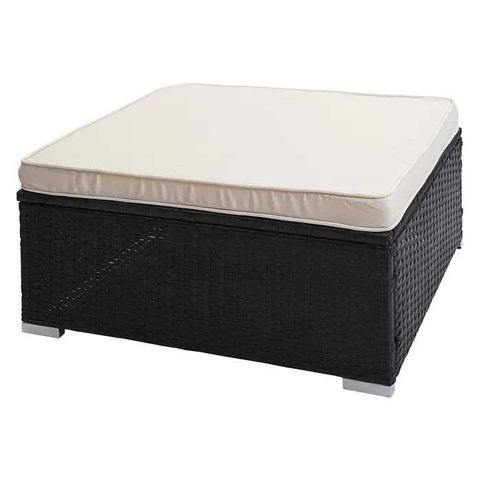 Mendler Poly-Rattan-Garnitur Brescia - schwarz, Kissen Creme -  - Schwarzer Outdoor-Hocker aus Geflecht mit hellbeigem Kissen.