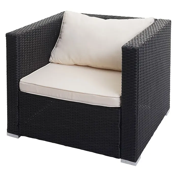 Mendler Poly-Rattan-Garnitur Brescia - schwarz, Kissen Creme -  - Schwarzer Rattansessel mit cremefarbenen Kissen.