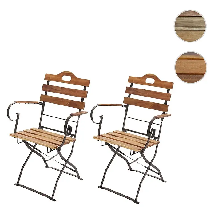 Mendler 2er-Set Biergartenstuhl HWC-J40 Akazie - naturfarben -  - Zwei klappbare Gartenstühle aus Akazienholzlatten und dunklen Metallgestellen.