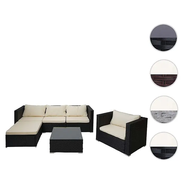 Mendler Poly-Rattan-Garnitur Brescia - schwarz, Kissen Creme -  - Schwarzes Rattan-Loungeset mit cremefarbenen Kissen: Ecksofa, Sessel und Couchtisch. Nahaufnahmen verschiedener Rattanfarben sind gezeigt.