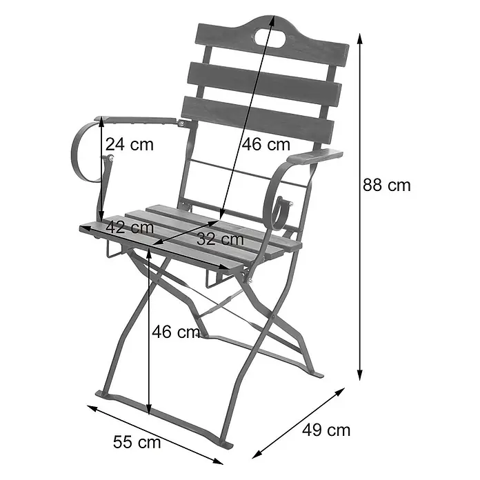 Mendler 2er-Set Biergartenstuhl HWC-J40 Akazie - naturfarben -  - Dunkelbrauner klappbarer Gartenstuhl aus Holz mit Metallrahmen, mit Maßen dargestellt.