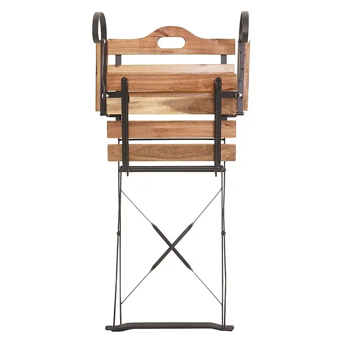Mendler 2er-Set Biergartenstuhl HWC-J40 Akazie - naturfarben -  - Geklappter Gartenstuhl aus Naturholzlatten und dunklem Metallrahmen, der seine kompakte Aufbewahrung zeigt.