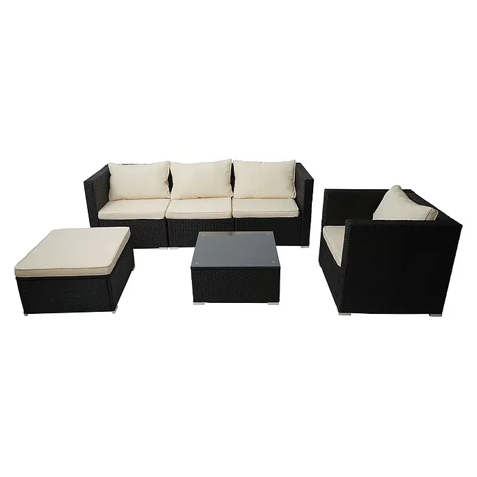 Mendler Poly-Rattan-Garnitur Brescia - schwarz, Kissen Creme -  - Schwarze Rattan-Gartenmöbel mit cremefarbenen Kissen: modulares Sofa, Sessel, Ottomane und Couchtisch mit Glasplatte.