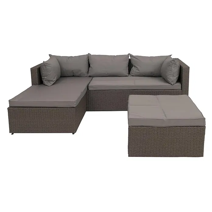 Mendler Poly-Rattan Garnitur HWC-O46 - grau Polster hellgrau -  - Graues Rattan-Outdoor-Lounge-Set mit L-förmigem Sofa und Ottoman, inklusive dicker grauer Kissen.
