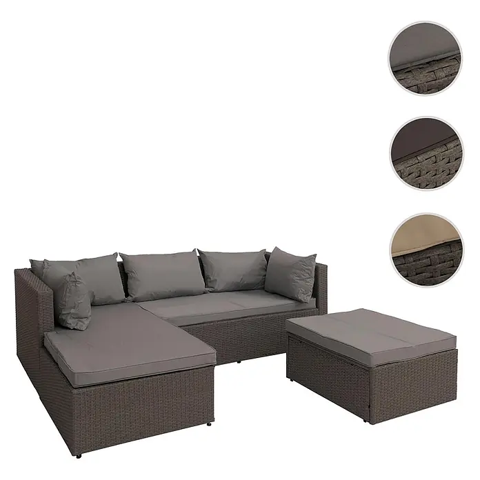 Mendler Poly-Rattan Garnitur HWC-O46 - grau Polster hellgrau -  - Braunes Rattan-Gartenlounge-Set mit L-förmigem Sofa und Couchtisch, alle mit grauen Kissen.