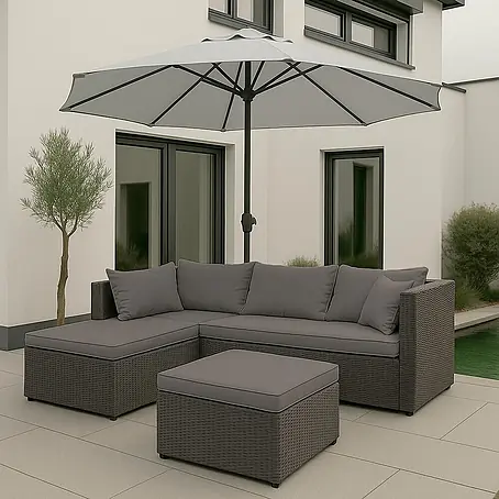 Mendler Poly-Rattan Garnitur HWC-O46 - grau Polster hellgrau