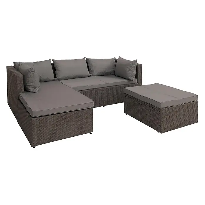 Mendler Poly-Rattan Garnitur HWC-O46 - grau Polster hellgrau -  - Dunkelgraue/braune Rattan L-Sitzgruppe mit grauen Kissen und passendem Hocker für draußen.
