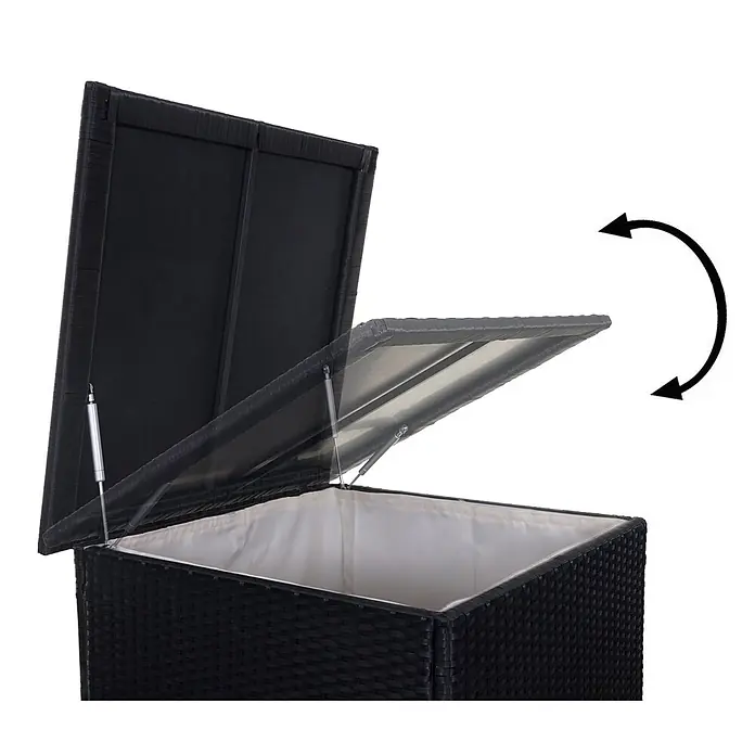 Mendler Loungemöbel-Set HWC-D21 - 7 -tlg., Polyrattan, Anthrazit, Kissen dunkelgrau, Anthrazit, grau - Schwarze Rattan-Aufbewahrungsbox mit Gasdruckfeder-Deckel offen, weißes Innenfutter sichtbar. Deckel in einstellbarer Position.