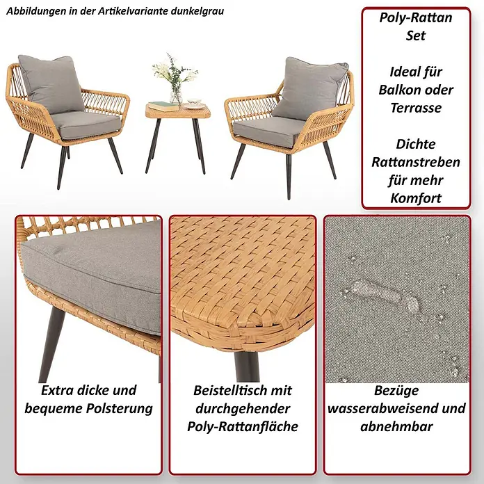 Mendler Poly-Rattan Garnitur HWC-N34 - dunkelgrau -  - Poly-Rattan Gartenmöbel-Set mit zwei Stühlen, dunkelgrauen Polstern und einem kleinen Tisch. Polster sind extra dick und wasserabweisend.
