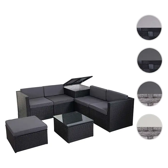 Mendler Loungemöbel-Set HWC-D21 - 7 -tlg., Polyrattan, Anthrazit, Kissen dunkelgrau, Anthrazit, grau - Ein schwarzes Rattan-Loungeset für den Außenbereich mit grauen Kissen, einem Staufach, einem Couchtisch mit Glasplatte und einem Hocker.