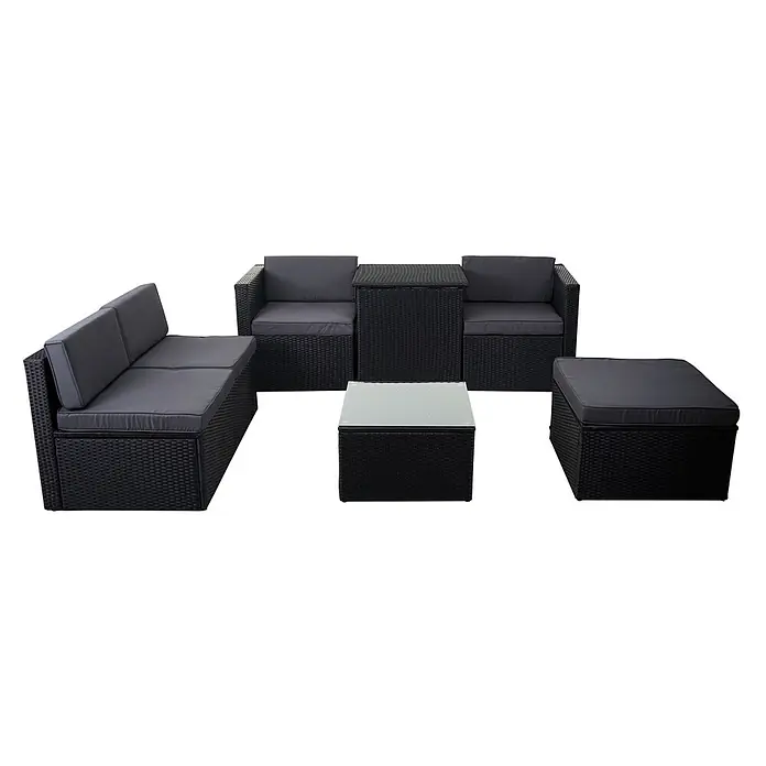 Mendler Loungemöbel-Set HWC-D21 - 7 -tlg., Polyrattan, Anthrazit, Kissen dunkelgrau, Anthrazit, grau - Schwarzes Rattan-Gartenlounge-Set mit dunkelgrauen Kissen, bestehend aus Ecksofa, zwei Sesseln, Beistelltisch, Couchtisch und Ottoman.