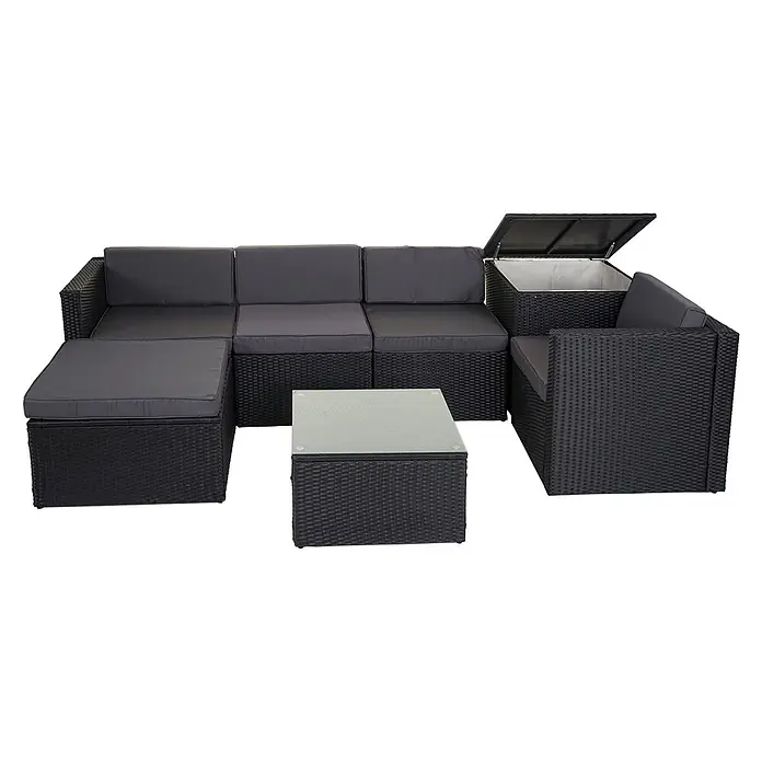 Mendler Loungemöbel-Set HWC-D21 - 7 -tlg., Polyrattan, Anthrazit, Kissen dunkelgrau, Anthrazit, grau - Modulares, dunkelgraues Rattan-Outdoor-Sofa-Set mit Kissen, einer offenen Aufbewahrungsbox und einem Couchtisch mit Glasplatte.
