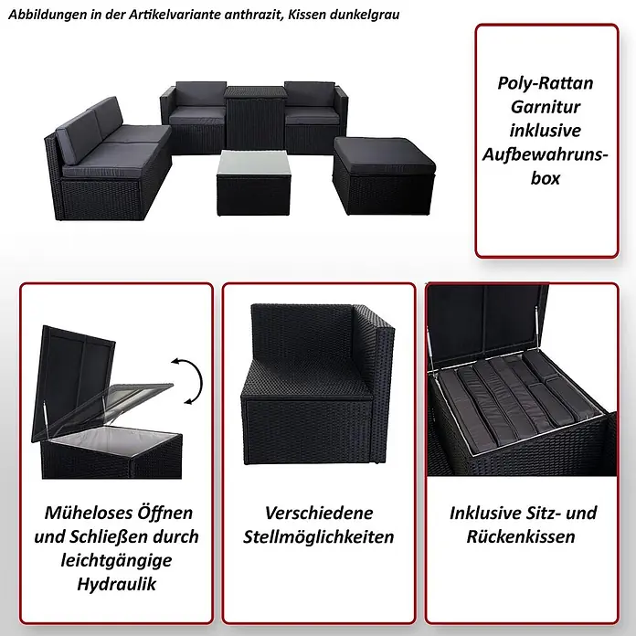 Mendler Loungemöbel-Set HWC-D21 - 7 -tlg., Polyrattan, Anthrazit, Kissen dunkelgrau, Anthrazit, grau - Anthrazitfarbene Poly-Rattan Gartenmöbel mit dunkelgrauen Kissen und integrierter Aufbewahrungsbox.
