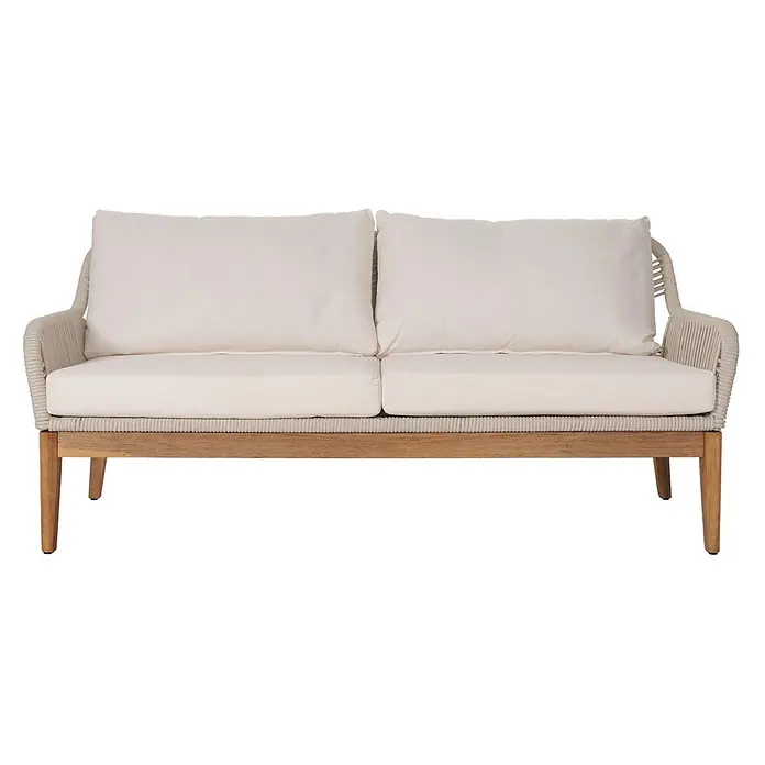 Mendler Gartengarnitur HWC-H56b Seilgeflecht Rope Holz Akazie - creme -  - Zweisitzer-Sofa mit hellen Kissen, geflochtenem Seilrahmen und Holzgestell.