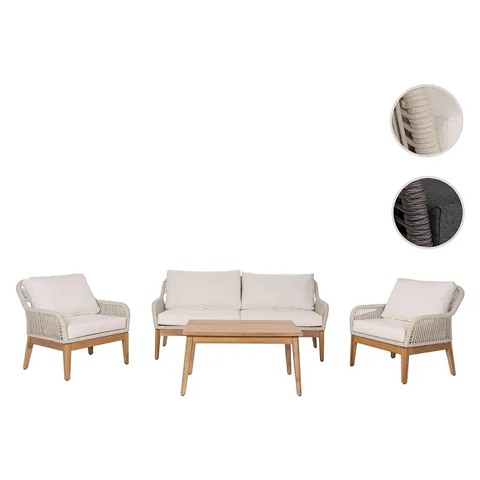 Mendler Gartengarnitur HWC-H56b Seilgeflecht Rope Holz Akazie - creme -  - Ein Outdoor-Lounge-Set aus hellem Holz mit beigen geflochtenen Seildetails und passenden Kissen, bestehend aus einem Sofa, zwei Sesseln und einem Couchtisch.